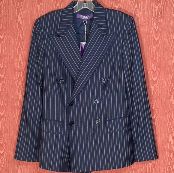 RALPH LAUREN PURPLE LABEL Dark Blue Pin Stripes Button Closure Long Sleeve Sz 6